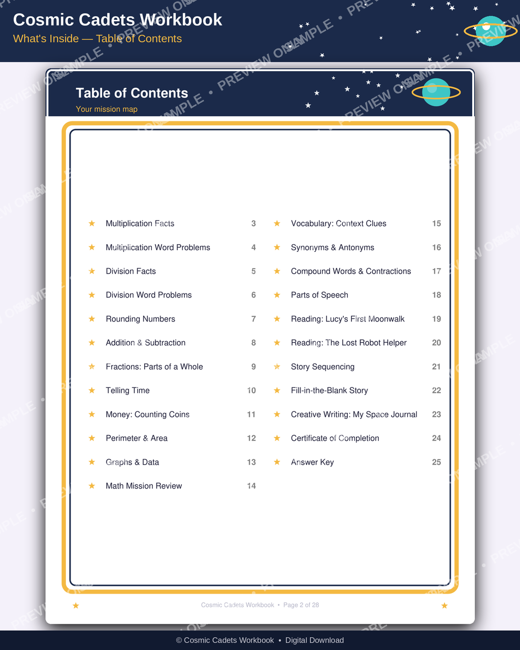 Cosmic Cadets Workbook — Grade 3 Math & Reading Printable Activity Book (Ages 8-9) | 28 Pages | Space-Themed Homeschool & Classroom Resource
