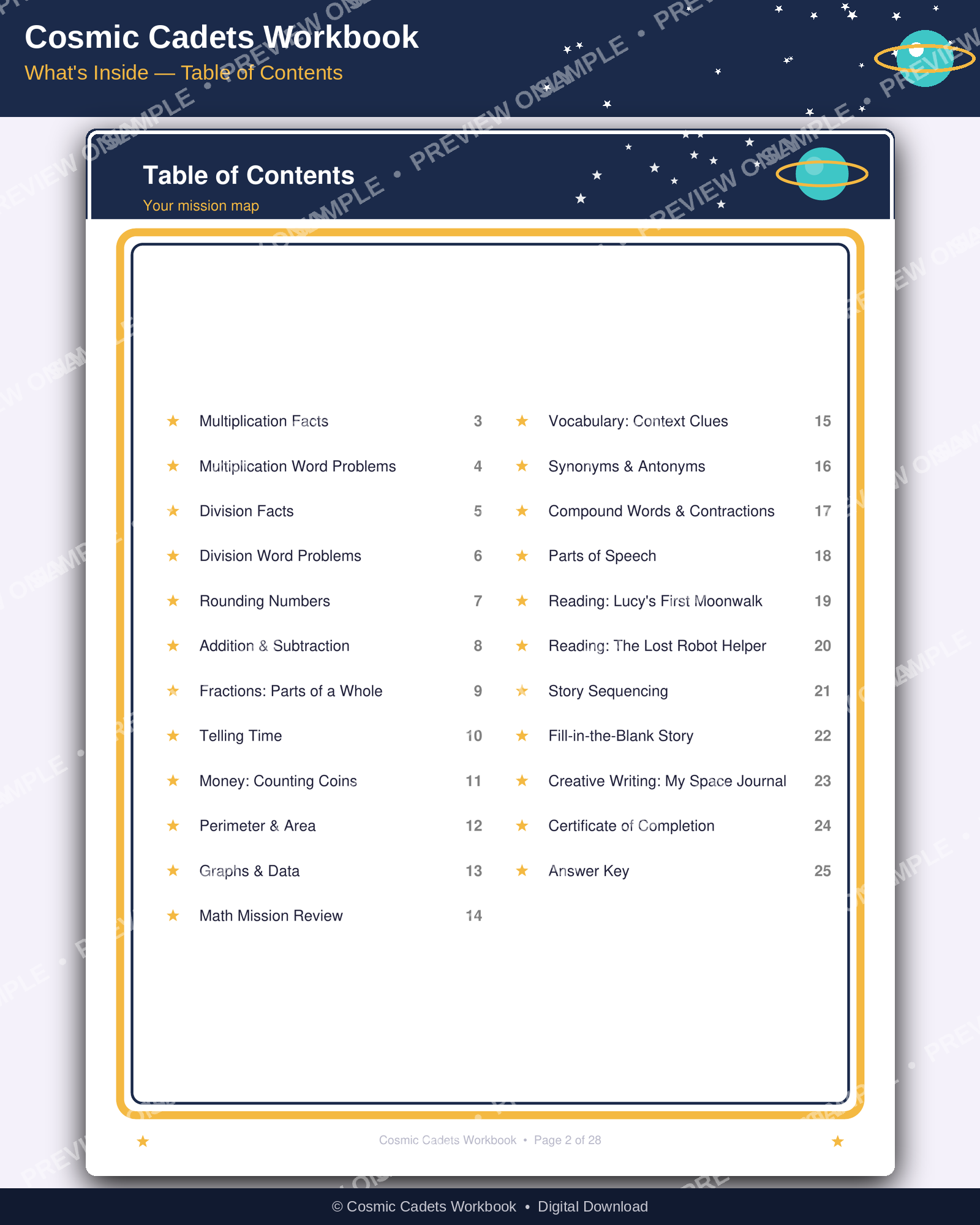 Cosmic Cadets Workbook — Grade 3 Math & Reading Printable Activity Book (Ages 8-9) | 28 Pages | Space-Themed Homeschool & Classroom Resource