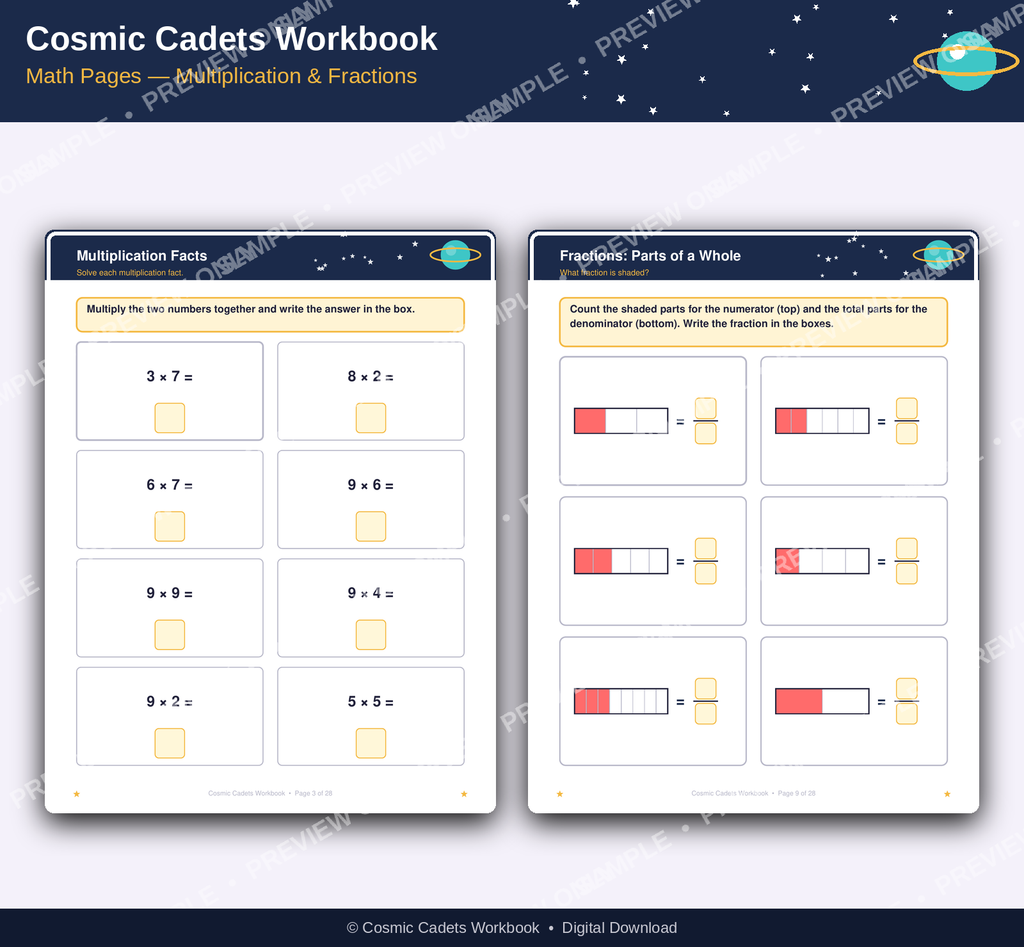 Cosmic Cadets Workbook — Grade 3 Math & Reading Printable Activity Book (Ages 8-9) | 28 Pages | Space-Themed Homeschool & Classroom Resource