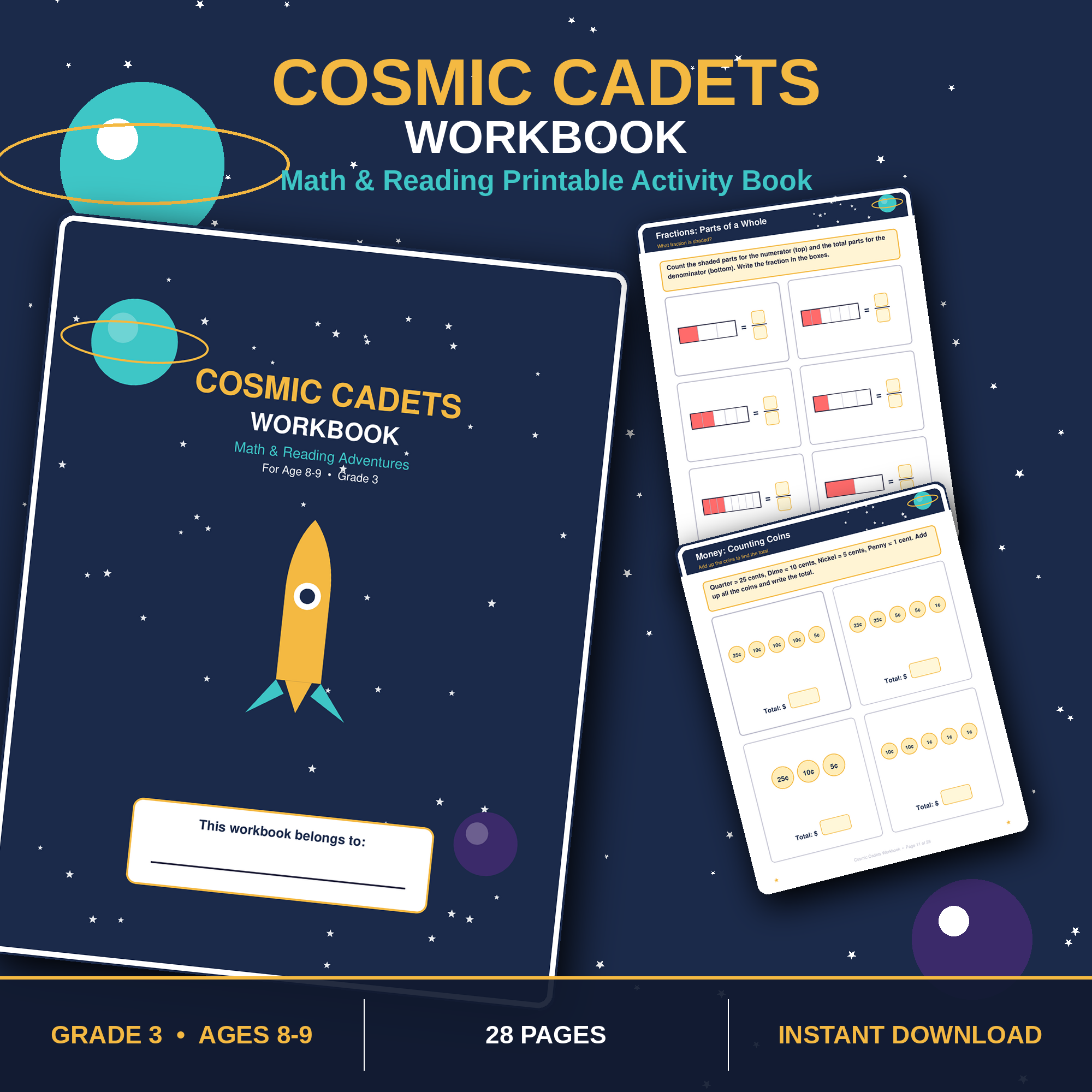 Cosmic Cadets Workbook — Grade 3 Math & Reading Printable Activity Book (Ages 8-9) | 28 Pages | Space-Themed Homeschool & Classroom Resource