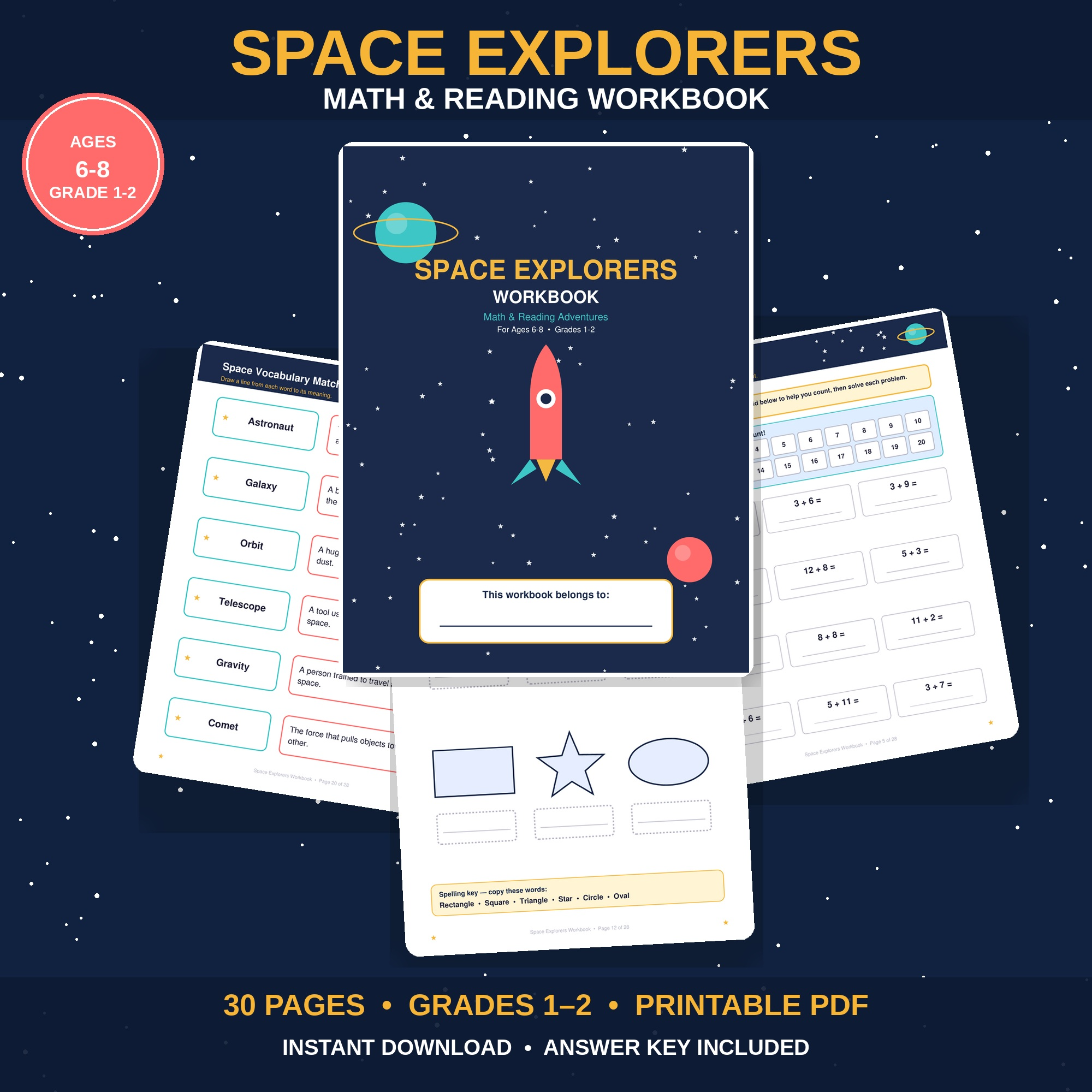 Space Explorers Math & Reading Workbook | Grade 1-2 Printable | Ages 6-8 Homeschool Worksheets | 30 Page PDF Instant Download